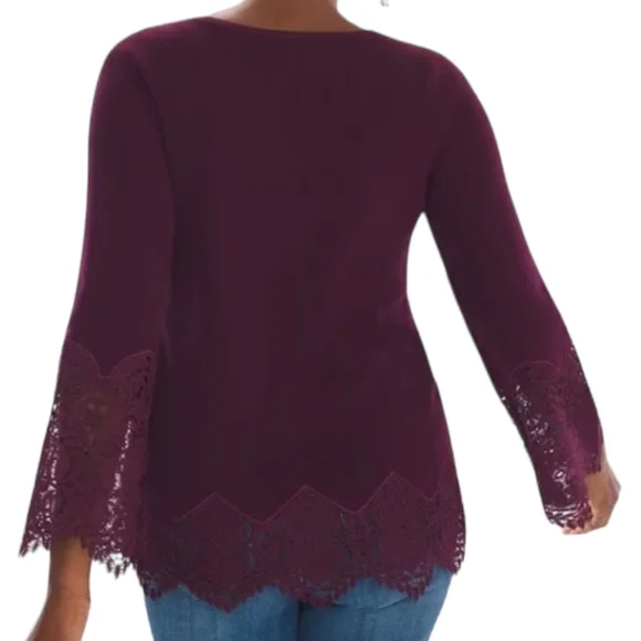 Chico's Women's Long Sleeve Burgundy Blouse/Sweater Ribbed Lace Size 2P … - Picture 2 of 16